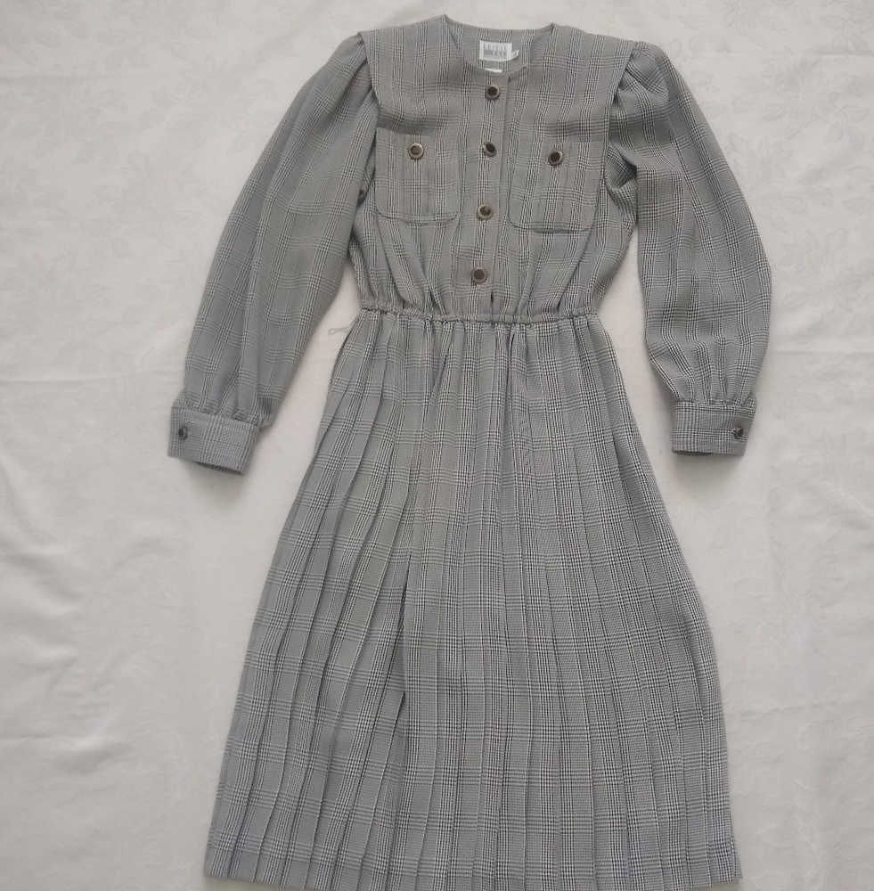 Vintage gingham plaid pleated dress long puff sleeve
